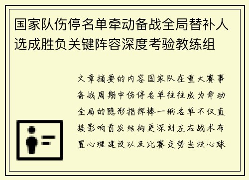 国家队伤停名单牵动备战全局替补人选成胜负关键阵容深度考验教练组 国家队伤停名单牵动备战全局替补人选成胜负关键阵容深度考验教练组