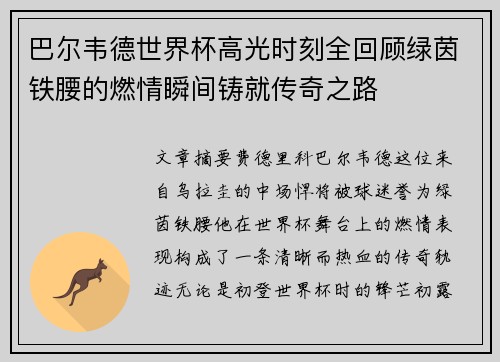 巴尔韦德世界杯高光时刻全回顾绿茵铁腰的燃情瞬间铸就传奇之路 巴尔韦德世界杯高光时刻全回顾绿茵铁腰的燃情瞬间铸就传奇之路